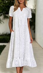 Chouyatou Women Summer Ruffle Hem Floral Lace Eyelet Dress Casual Notch Neck Midi Tunic Dress with Pocket