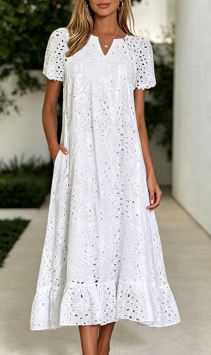 Chouyatou Women Summer Ruffle Hem Floral Lace Eyelet Dress Casual Notch Neck Midi Tunic Dress with Pocket