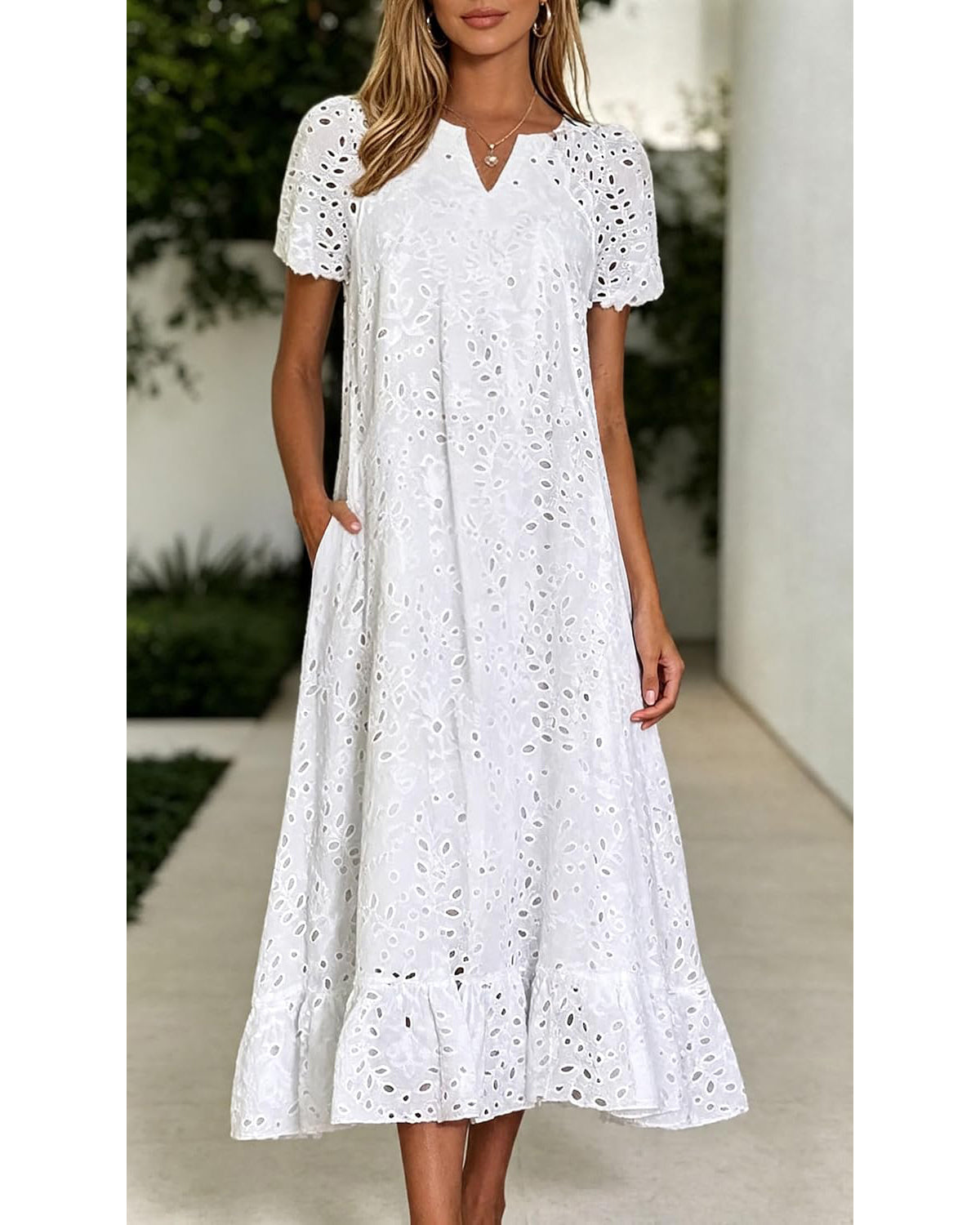 Chouyatou Women Summer Ruffle Hem Floral Lace Eyelet Dress Casual Notch Neck Midi Tunic Dress with Pocket