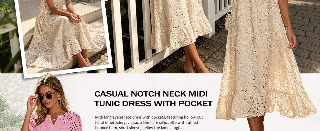 Chouyatou Women Summer Ruffle Hem Floral Lace Eyelet Dress Casual Notch Neck Midi Tunic Dress with Pocket