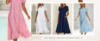 Chouyatou Women Summer Ruffle Hem Floral Lace Eyelet Dress Casual Notch Neck Midi Tunic Dress with Pocket