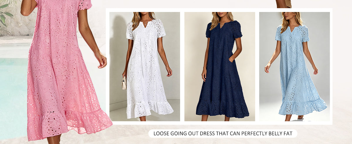 Chouyatou Women Summer Ruffle Hem Floral Lace Eyelet Dress Casual Notch Neck Midi Tunic Dress with Pocket
