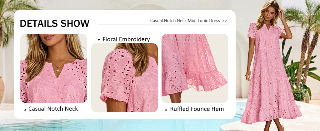 Chouyatou Women Summer Ruffle Hem Floral Lace Eyelet Dress Casual Notch Neck Midi Tunic Dress with Pocket