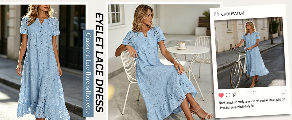 Chouyatou Women Summer Ruffle Hem Floral Lace Eyelet Dress Casual Notch Neck Midi Tunic Dress with Pocket