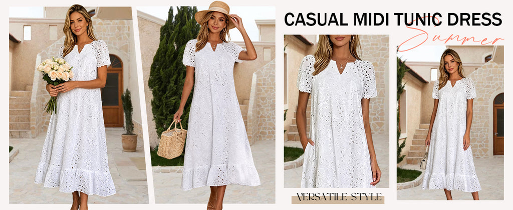 Chouyatou Women Summer Ruffle Hem Floral Lace Eyelet Dress Casual Notch Neck Midi Tunic Dress with Pocket