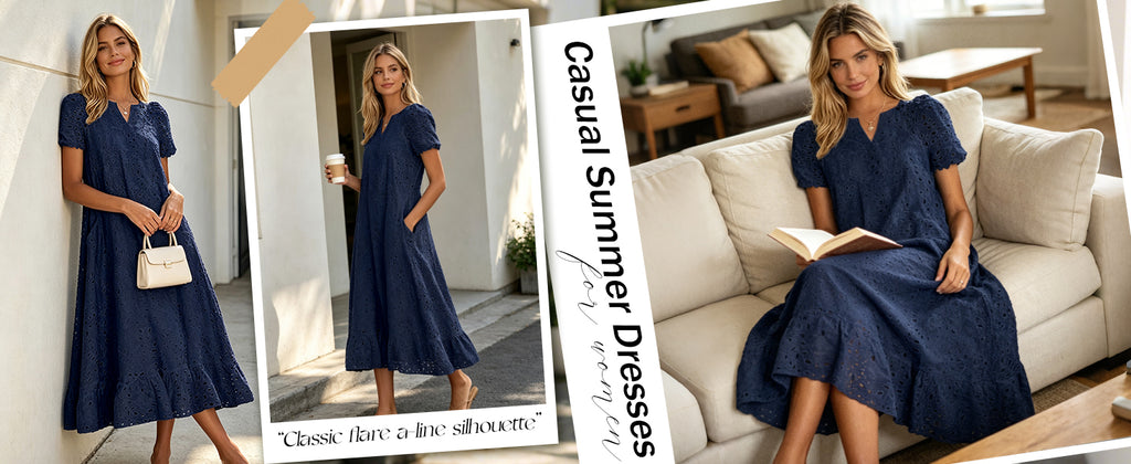 Chouyatou Women Summer Ruffle Hem Floral Lace Eyelet Dress Casual Notch Neck Midi Tunic Dress with Pocket