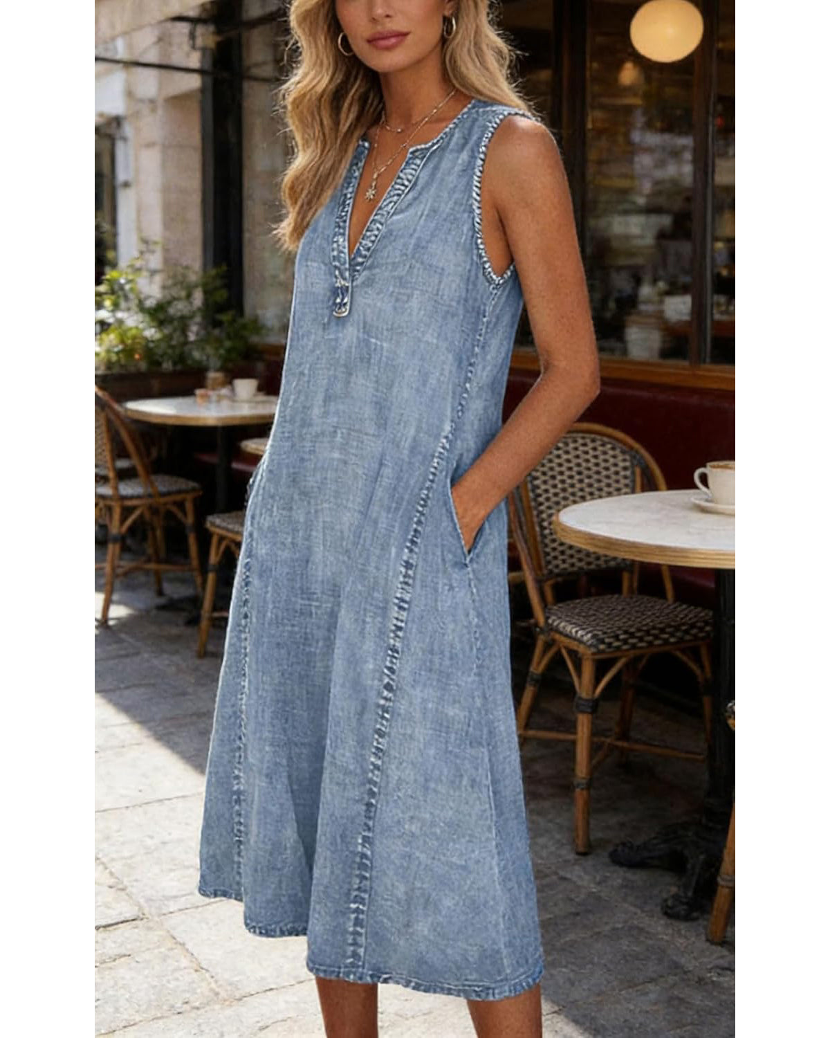 Chouyatou Women Casual Sleeveless Denim Midi Dress A Line Dress Mid Long Tank Dress Jean Shift Dress Jumper Summer