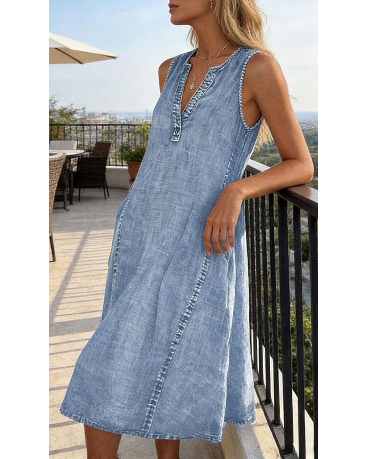 Chouyatou Women Casual Sleeveless Denim Midi Dress A Line Dress Mid Long Tank Dress Jean Shift Dress Jumper Summer