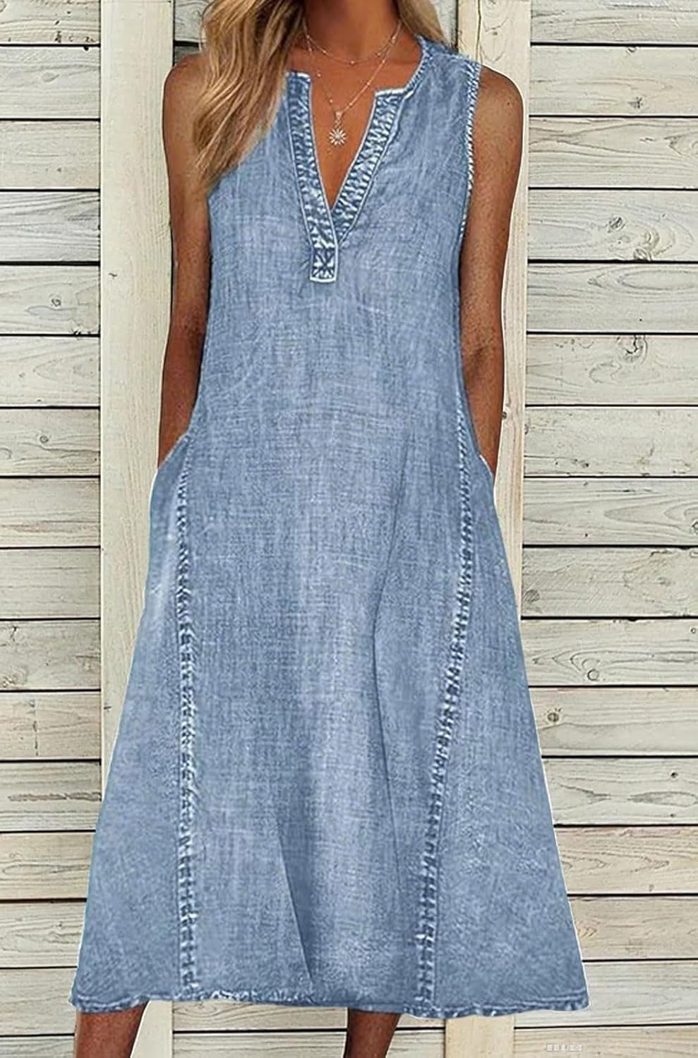 Chouyatou Women Casual Sleeveless Denim Midi Dress A Line Dress Mid Long Tank Dress Jean Shift Dress Jumper Summer