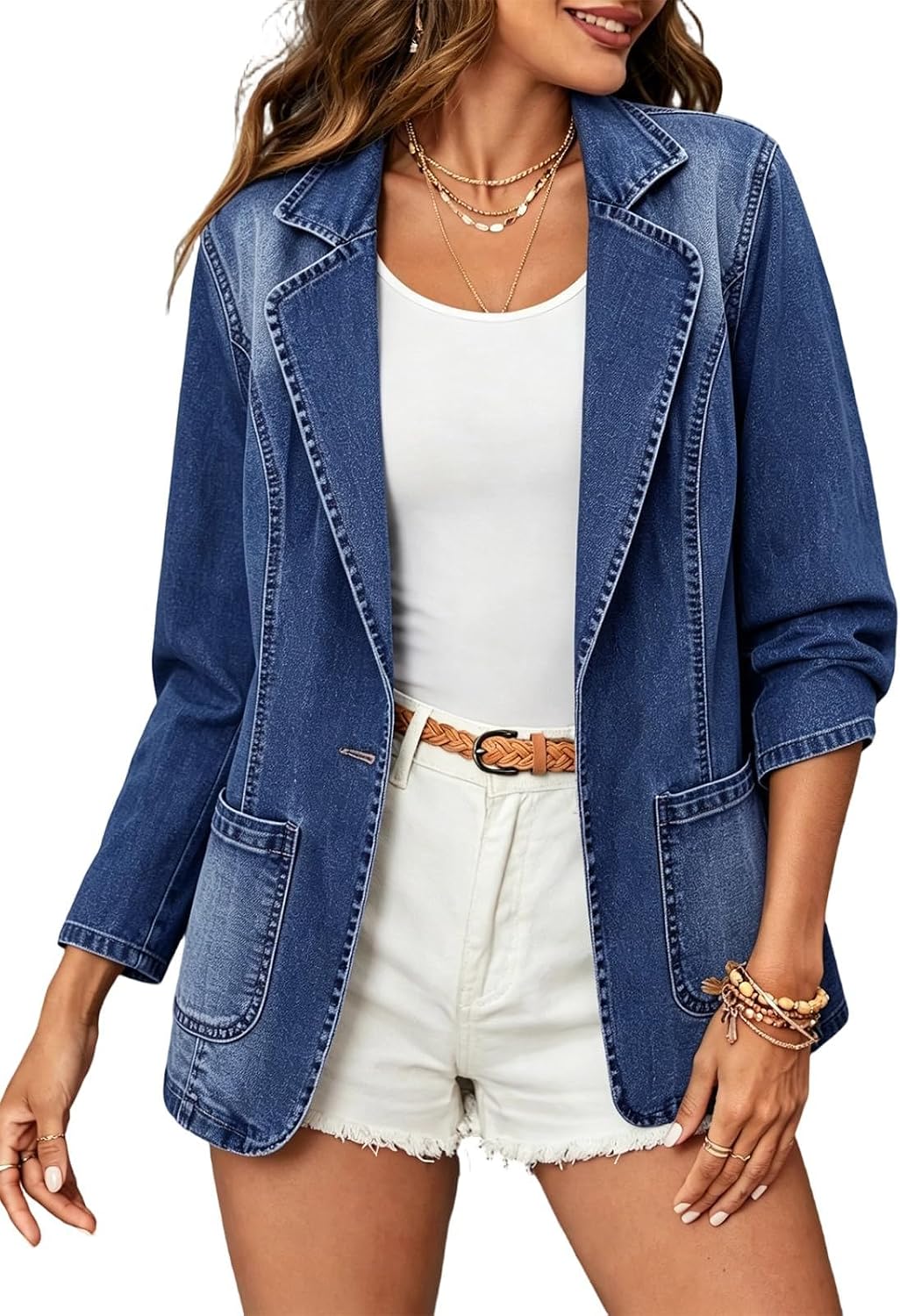Chouyatou Women's Classic Notch Lapel Denim Blazer One Button Long Sleeve Slim Office Jean Jacket