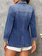 Chouyatou Women's Classic Notch Lapel Denim Blazer One Button Long Sleeve Slim Office Jean Jacket