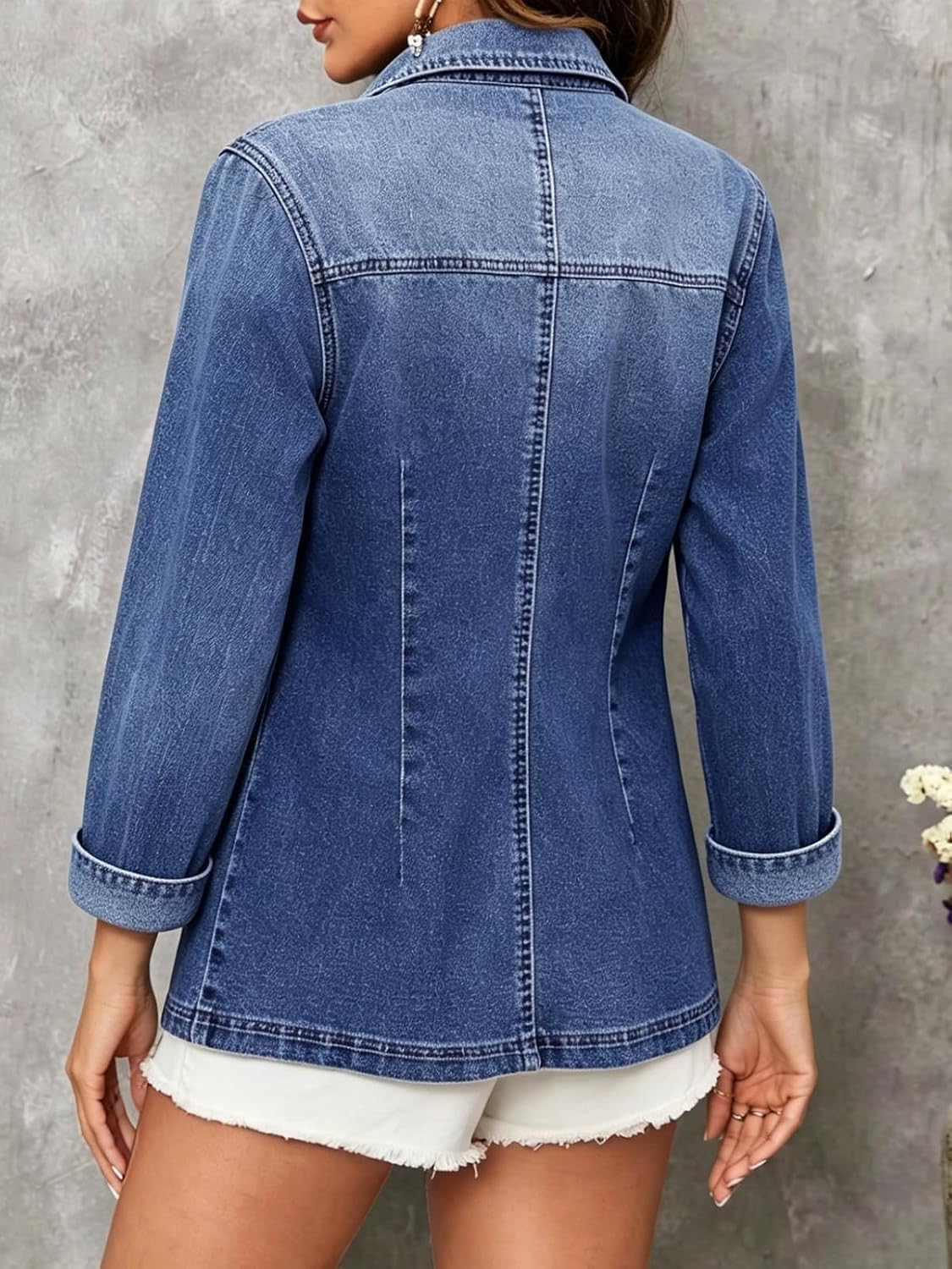 Chouyatou Women's Classic Notch Lapel Denim Blazer One Button Long Sleeve Slim Office Jean Jacket