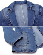 Chouyatou Women's Classic Notch Lapel Denim Blazer One Button Long Sleeve Slim Office Jean Jacket