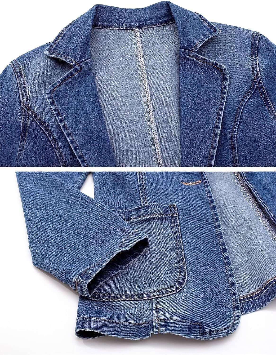 Chouyatou Women's Classic Notch Lapel Denim Blazer One Button Long Sleeve Slim Office Jean Jacket