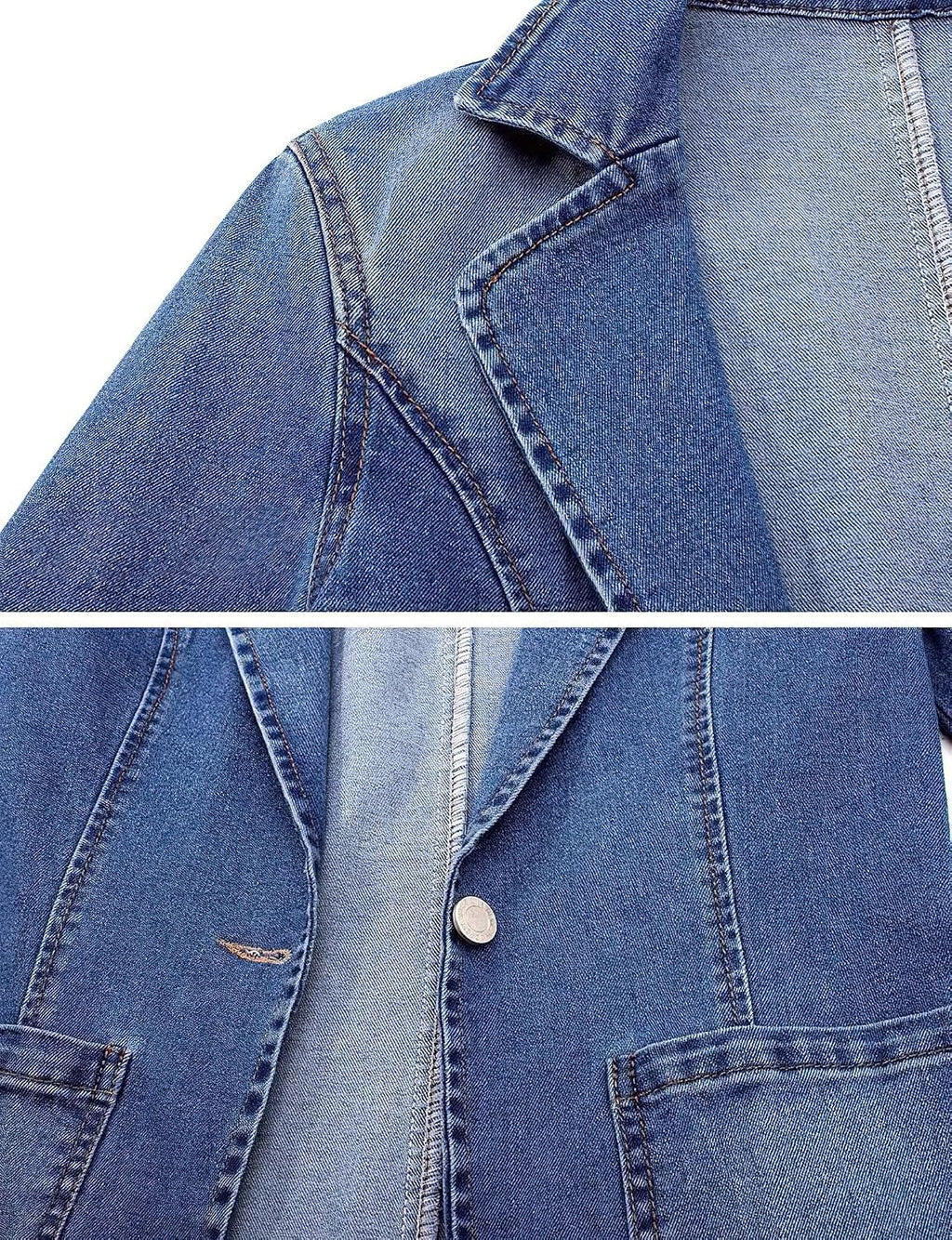 Chouyatou Women's Classic Notch Lapel Denim Blazer One Button Long Sleeve Slim Office Jean Jacket
