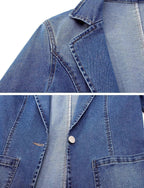 Chouyatou Women's Classic Notch Lapel Denim Blazer One Button Long Sleeve Slim Office Jean Jacket