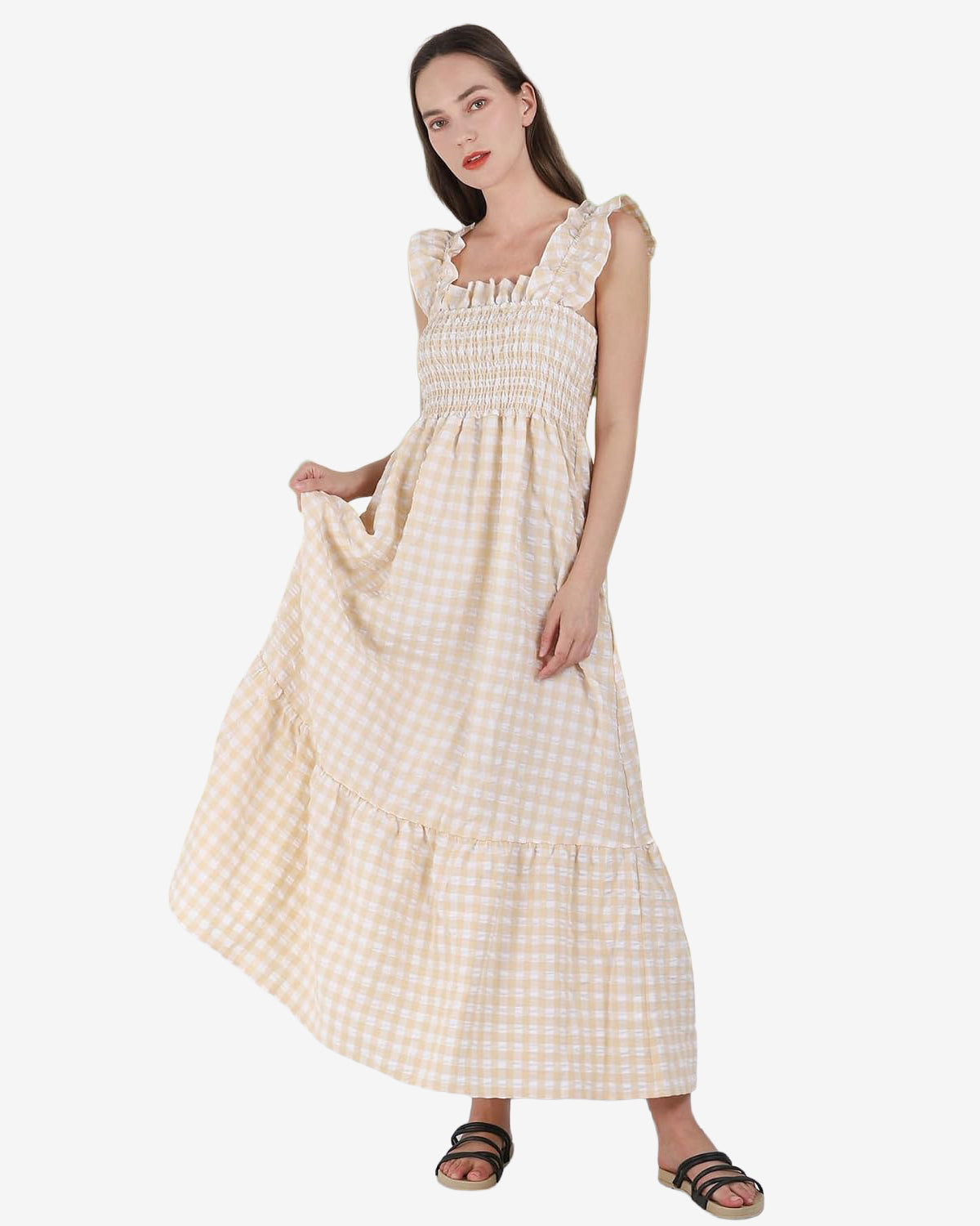 Chouyatou Women's Retro Plaid Smocked Dress Spaghetti Strap Flounce Long Dress