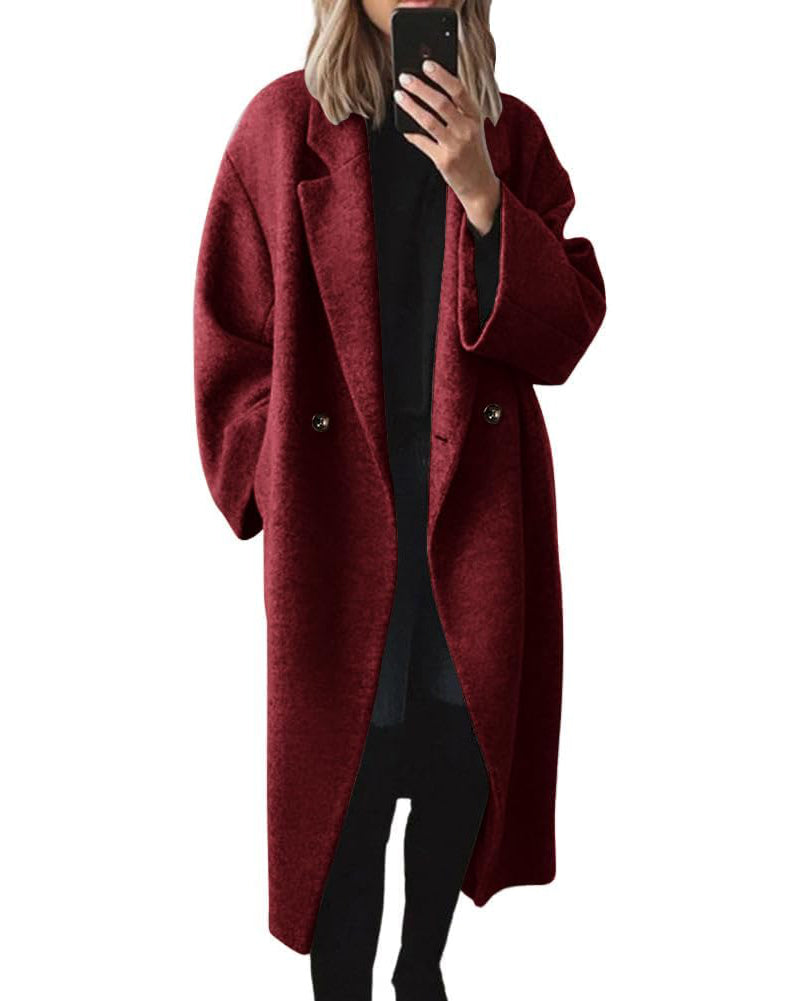 Chouyatou Women's Winter Double Breasted Wool Coat Long Sleeve Notch Lapel Long Trench Coat