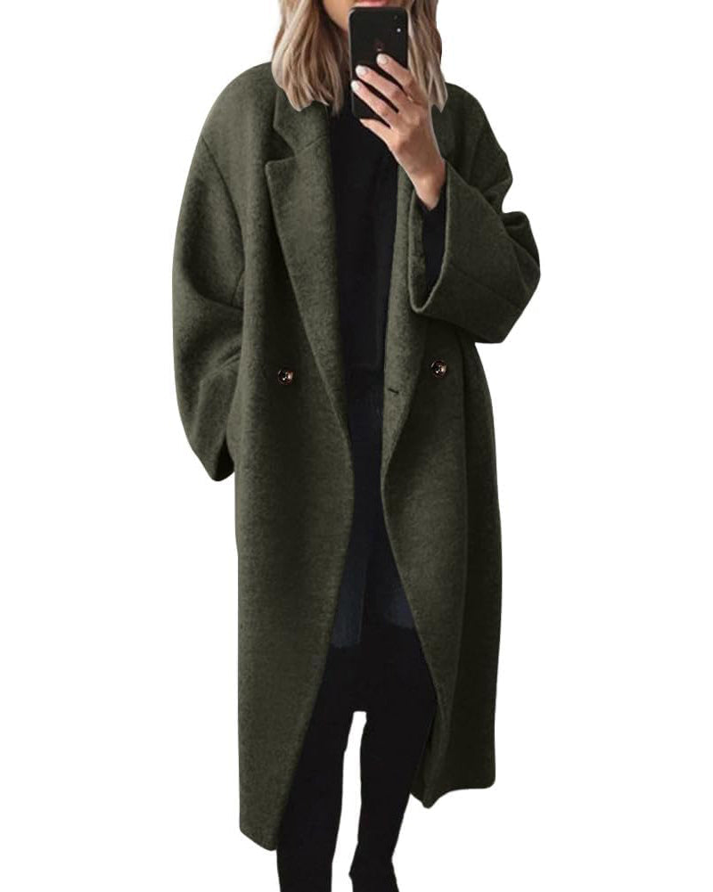 Chouyatou Women's Winter Double Breasted Wool Coat Long Sleeve Notch Lapel Long Trench Coat