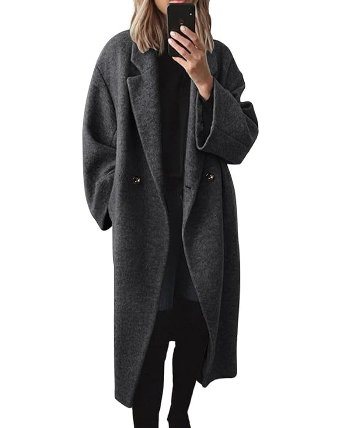 Chouyatou Women's Winter Double Breasted Wool Coat Long Sleeve Notch Lapel Long Trench Coat