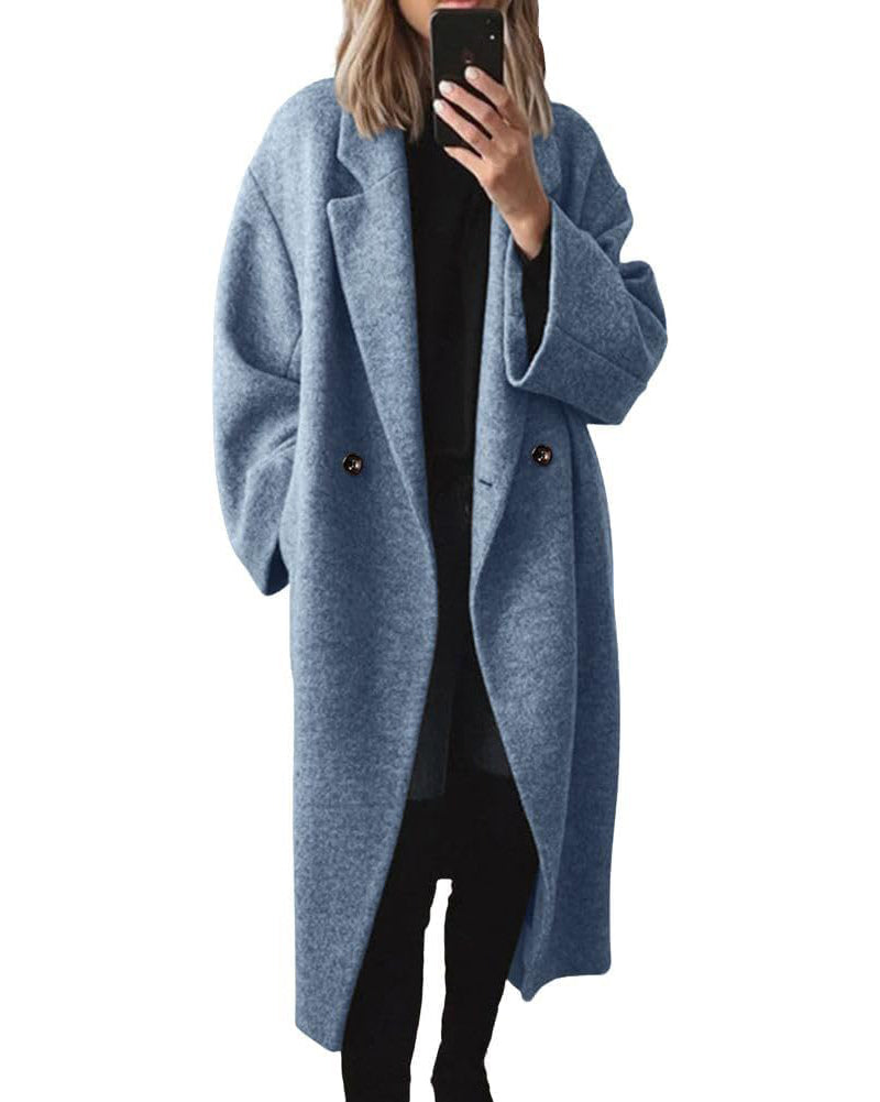 Chouyatou Women's Winter Double Breasted Wool Coat Long Sleeve Notch Lapel Long Trench Coat