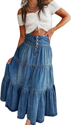Chouyatou Women's High Waist Long Denim Skirt Button-Fly Tiered Ruffle Swing A-Line Jean Maxi Skirt with Pockets