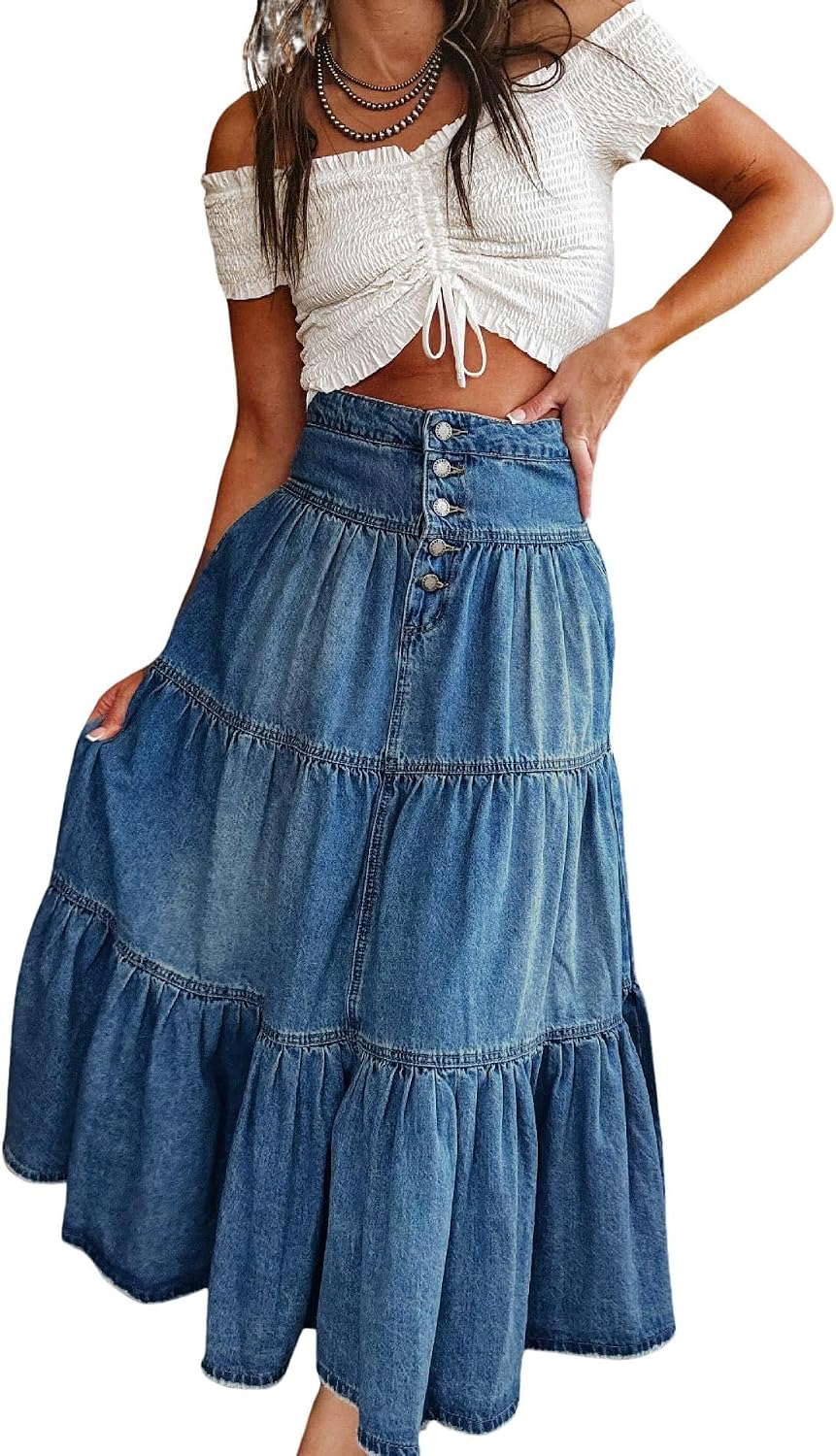 Chouyatou Women's High Waist Long Denim Skirt Button-Fly Tiered Ruffle Swing A-Line Jean Maxi Skirt with Pockets