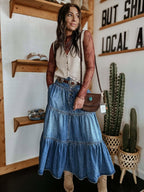 Chouyatou Women's High Waist Long Denim Skirt Button-Fly Tiered Ruffle Swing A-Line Jean Maxi Skirt with Pockets