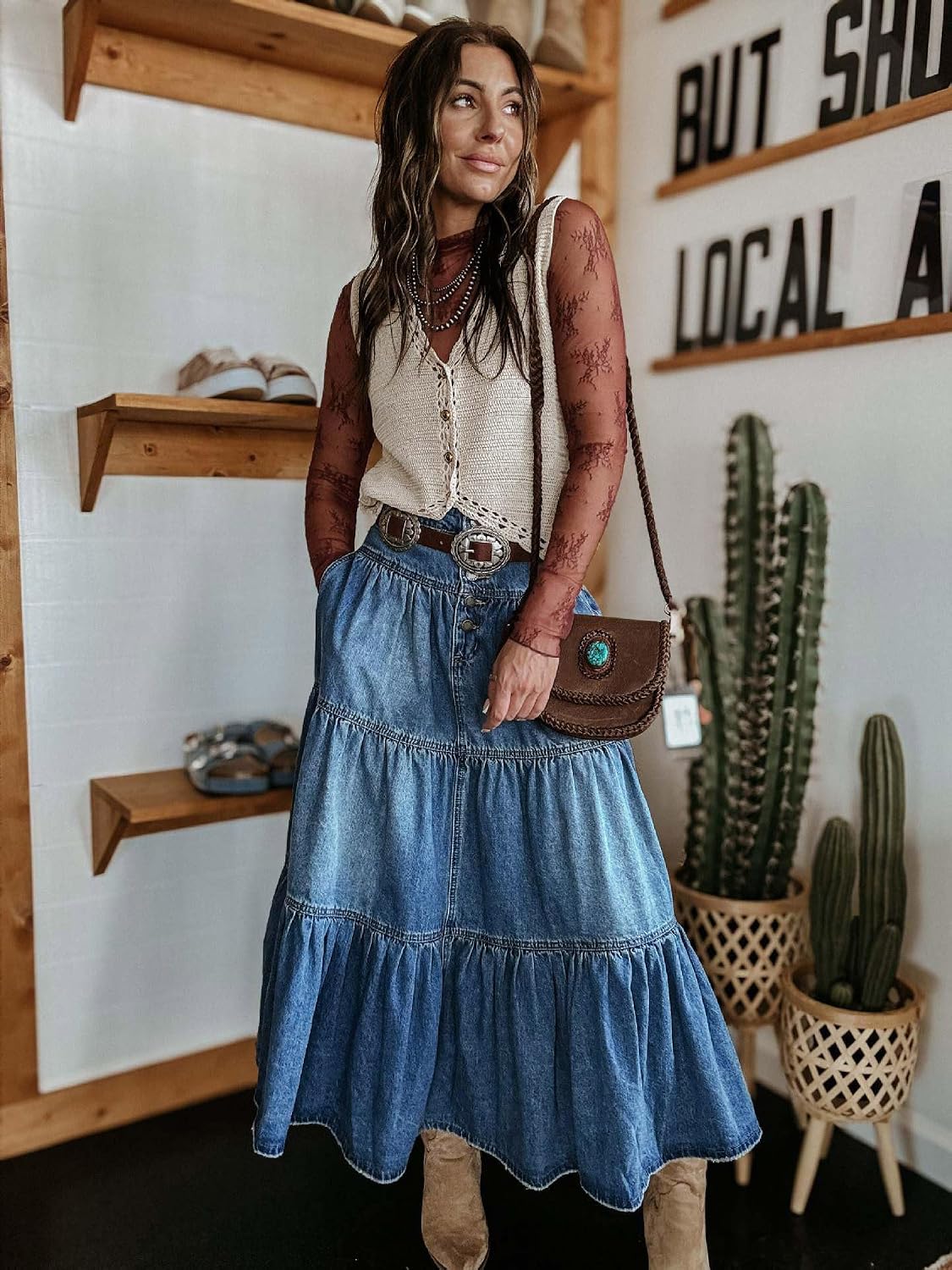 Chouyatou Women's High Waist Long Denim Skirt Button-Fly Tiered Ruffle Swing A-Line Jean Maxi Skirt with Pockets