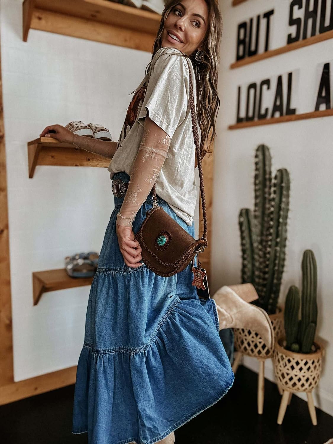 Chouyatou Women's High Waist Long Denim Skirt Button-Fly Tiered Ruffle Swing A-Line Jean Maxi Skirt with Pockets