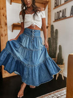 Chouyatou Women's High Waist Long Denim Skirt Button-Fly Tiered Ruffle Swing A-Line Jean Maxi Skirt with Pockets