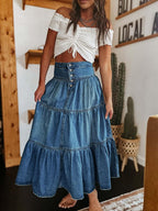 Chouyatou Women's High Waist Long Denim Skirt Button-Fly Tiered Ruffle Swing A-Line Jean Maxi Skirt with Pockets