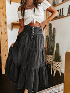 Chouyatou Women's High Waist Long Denim Skirt Button-Fly Tiered Ruffle Swing A-Line Jean Maxi Skirt with Pockets