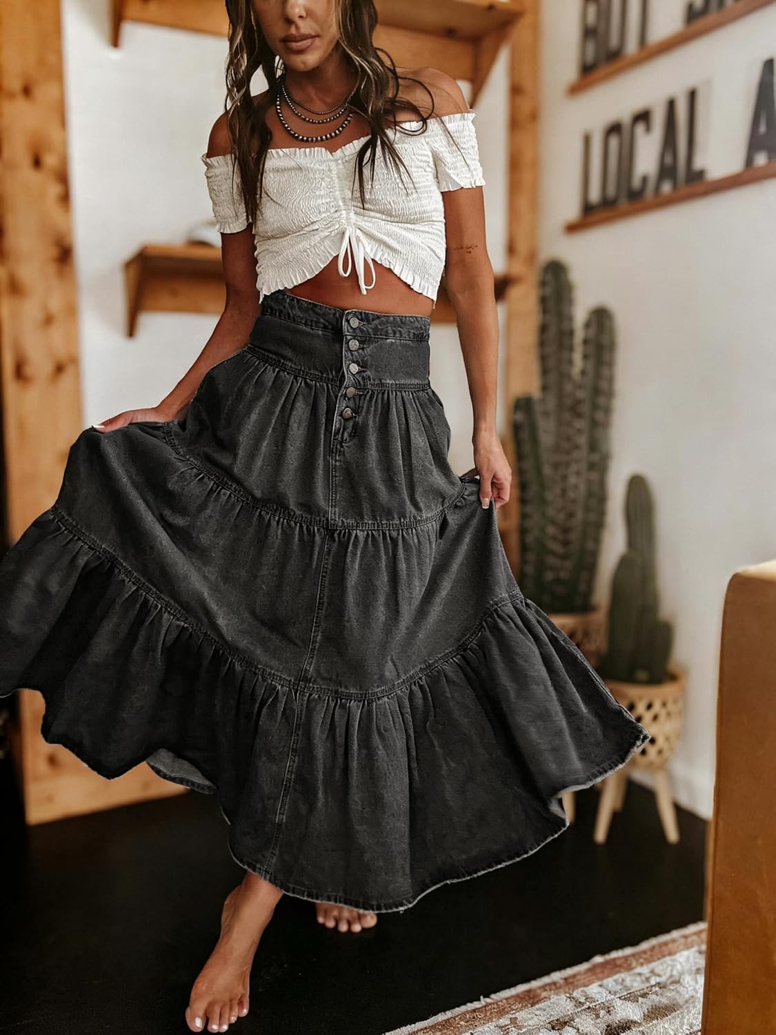 Chouyatou Women's High Waist Long Denim Skirt Button-Fly Tiered Ruffle Swing A-Line Jean Maxi Skirt with Pockets