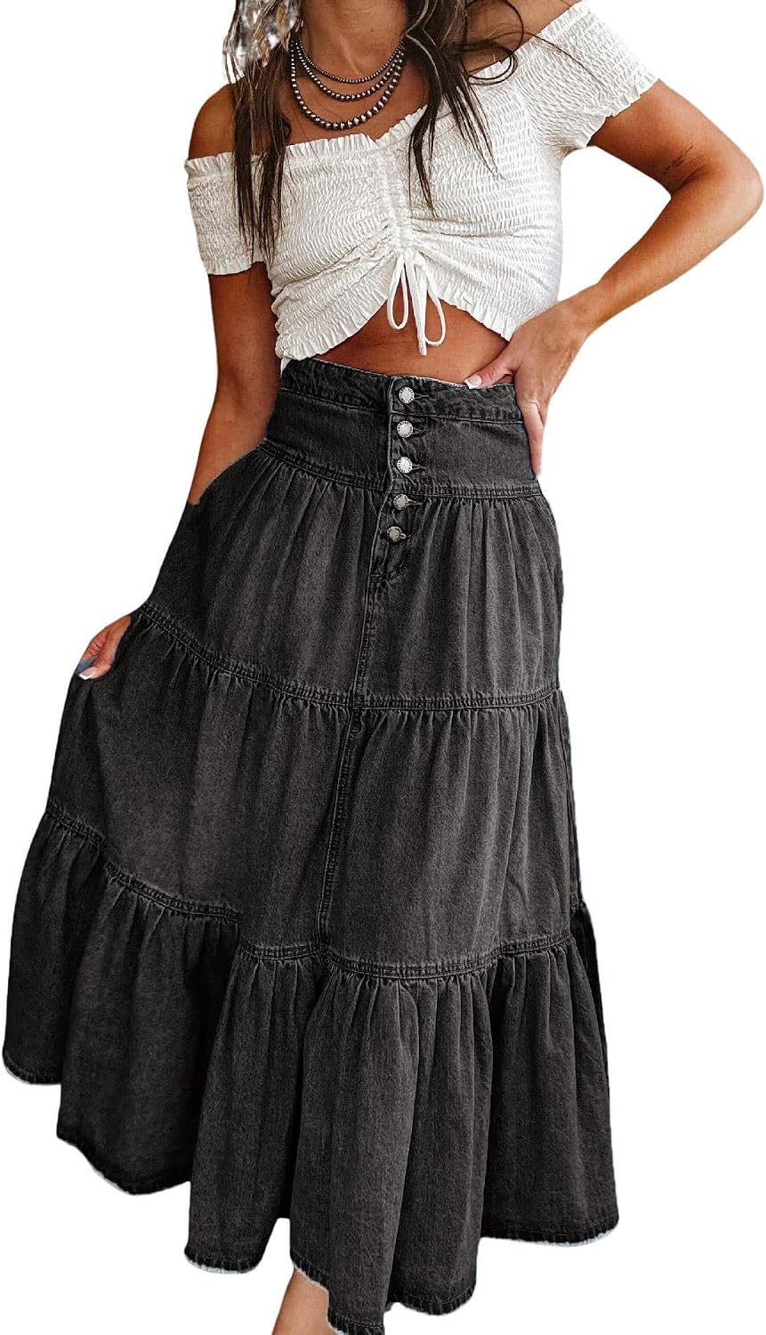 Chouyatou Women's High Waist Long Denim Skirt Button-Fly Tiered Ruffle Swing A-Line Jean Maxi Skirt with Pockets