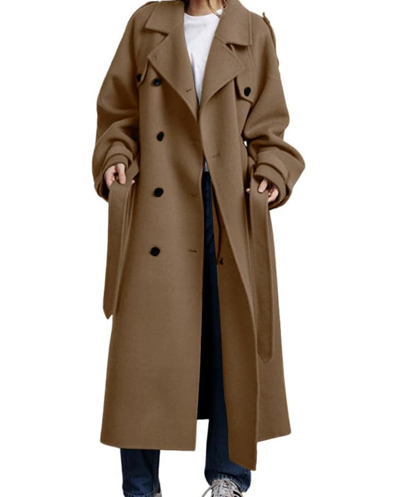 Chouyatou Women's Winter Double Breasted Wool Coat Long Sleeve Notch Lapel Midi Long Winter Trench Coat with Belt