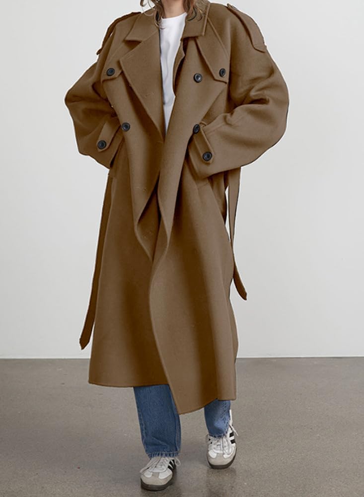 Chouyatou Women's Winter Double Breasted Wool Coat Long Sleeve Notch Lapel Midi Long Winter Trench Coat with Belt