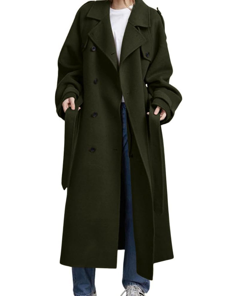Chouyatou Women's Winter Double Breasted Wool Coat Long Sleeve Notch Lapel Midi Long Winter Trench Coat with Belt