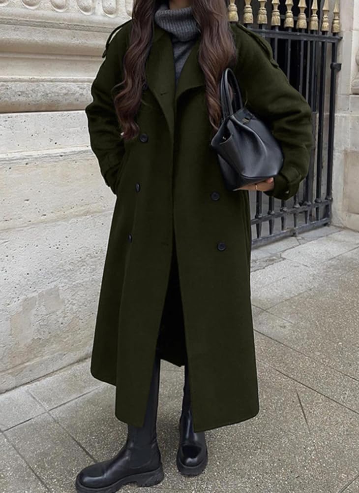 Chouyatou Women's Winter Double Breasted Wool Coat Long Sleeve Notch Lapel Midi Long Winter Trench Coat with Belt