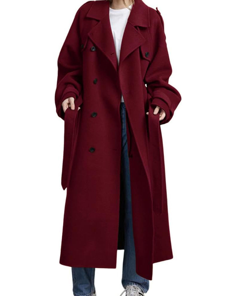 Chouyatou Women's Winter Double Breasted Wool Coat Long Sleeve Notch Lapel Midi Long Winter Trench Coat with Belt