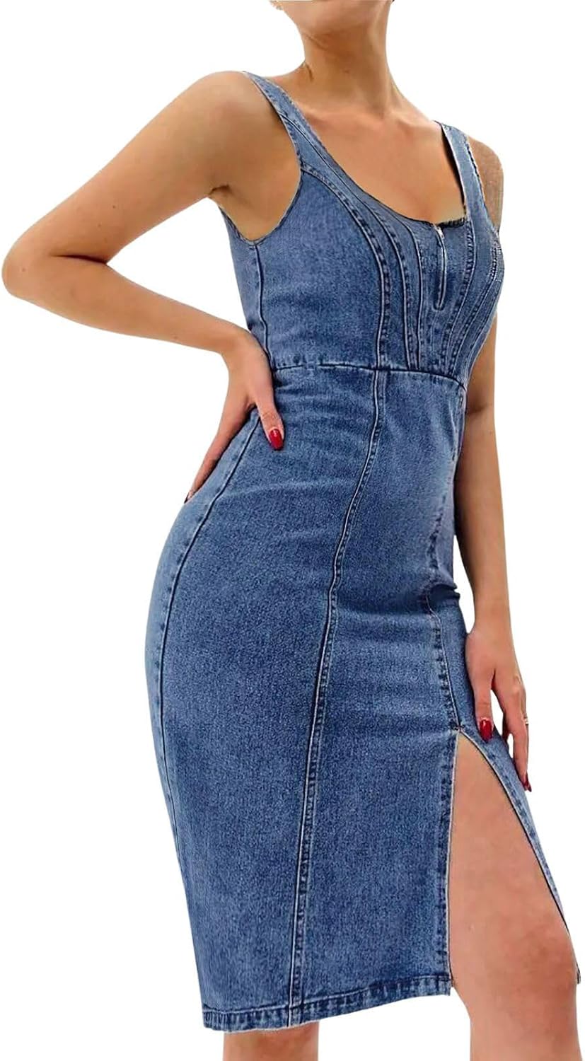 Chouyatou Denim Dress for Women Sleeveless Side Slit Bodycon Midi Jean Dresses
