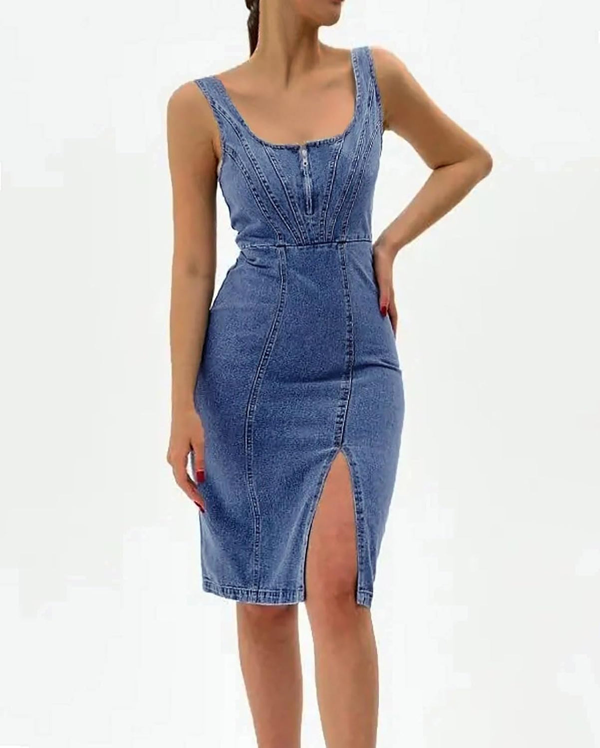 Chouyatou Denim Dress for Women Sleeveless Side Slit Bodycon Midi Jean Dresses