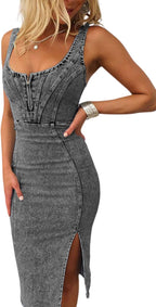 Chouyatou Denim Dress for Women Sleeveless Side Slit Bodycon Midi Jean Dresses