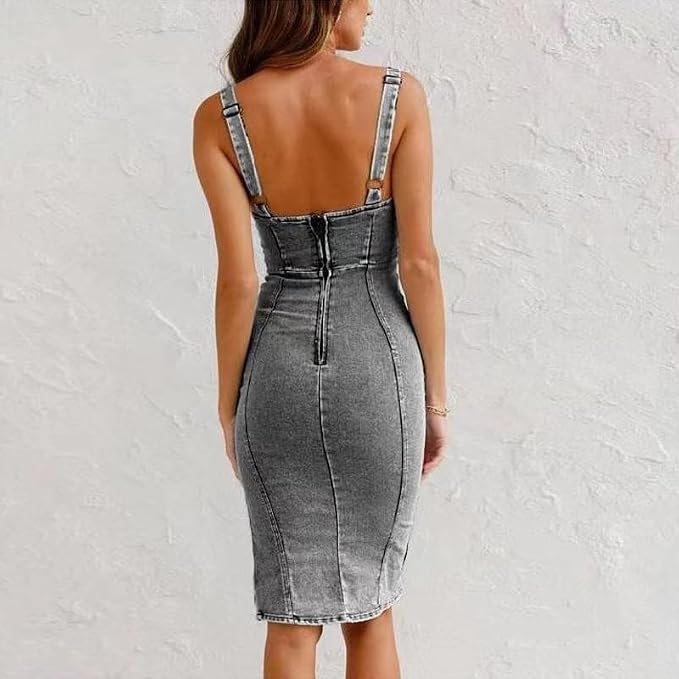 Chouyatou Denim Dress for Women Sleeveless Side Slit Bodycon Midi Jean Dresses