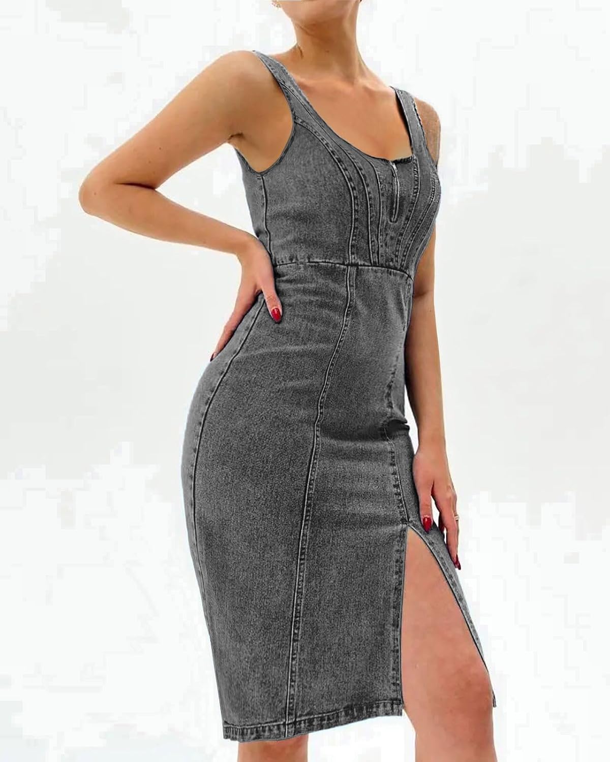 Chouyatou Denim Dress for Women Sleeveless Side Slit Bodycon Midi Jean Dresses