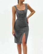 Chouyatou Denim Dress for Women Sleeveless Side Slit Bodycon Midi Jean Dresses
