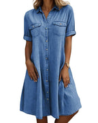 Chouyatou Women's Summer Short Sleeve Denim Shirt Dress Business Casual Button Down Midi Long Jean Dress