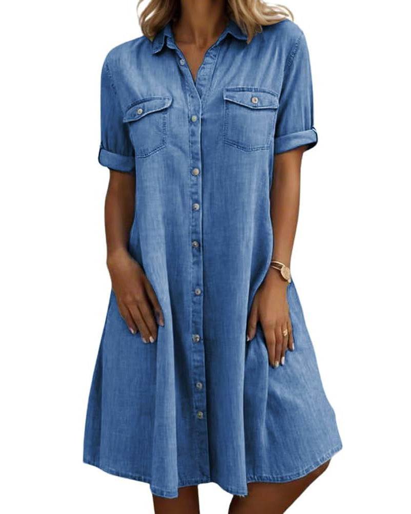 Chouyatou Women's Summer Short Sleeve Denim Shirt Dress Business Casual Button Down Midi Long Jean Dress