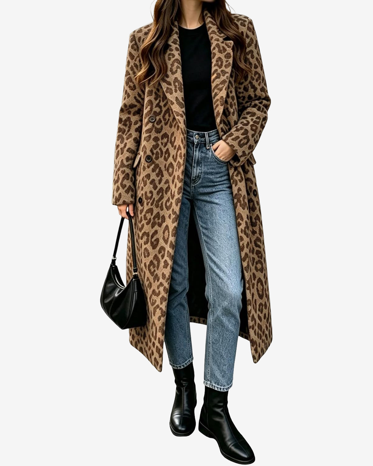 Womens Winter Warm Leopard Long Wool Coats Double Breasted Pea Coat - Notched Lapel, Double Breasted, Dressy Winter Warm Overcoat with Premium Fabric Style