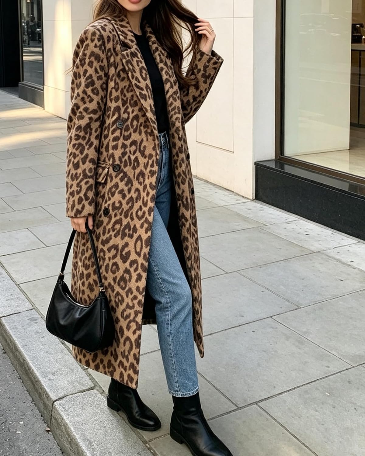 Womens Winter Warm Leopard Long Wool Coats Double Breasted Pea Coat - Notched Lapel, Double Breasted, Dressy Winter Warm Overcoat with Premium Fabric Style